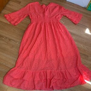 Unbranded, solid coral cotton floral eyelet 3/4 bell sleeve maxi dress. Size 2X.